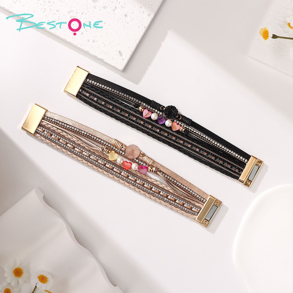 Женский многослойный браслет с сердцем и стразами, кожаный плетёный браслет, модное украшение оптом