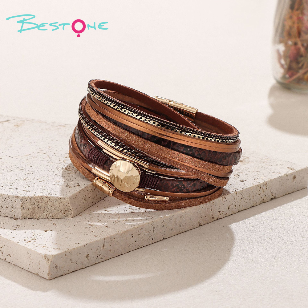Женский многослойный кожаный браслет под змеиную кожу с магнитной застёжкой, винтажный стиль, оптом