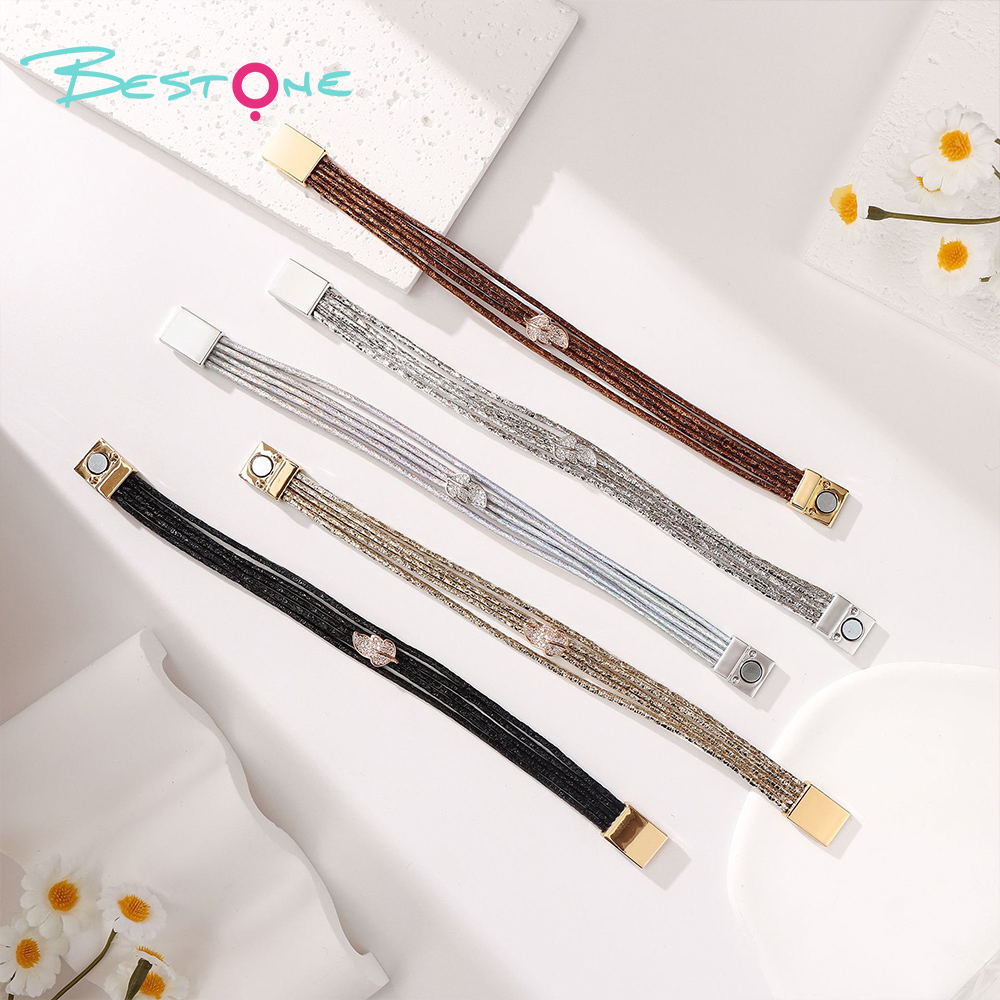 Женский многослойный кожаный браслет с листом и стразами, магнитная застёжка, модное украшение оптом