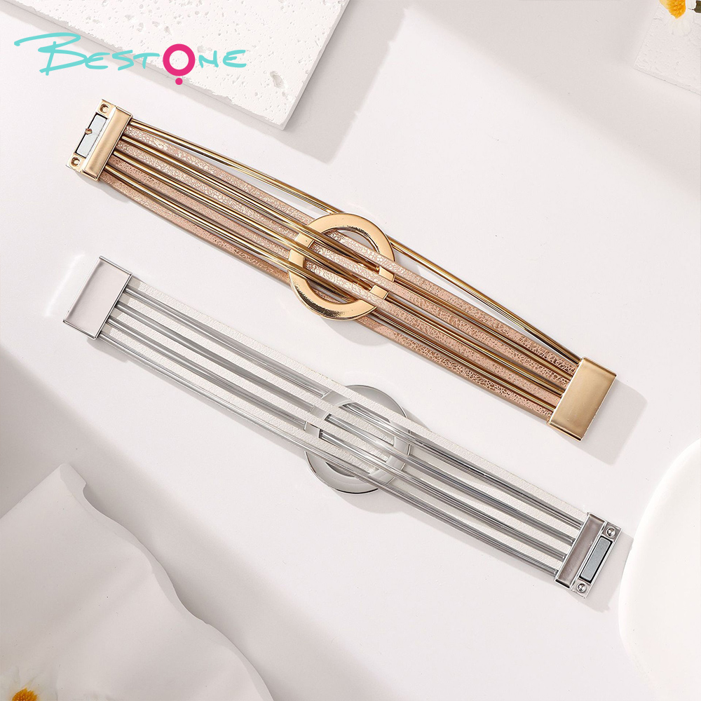 Женский многослойный кожаный браслет с геометрическими металлическими элементами