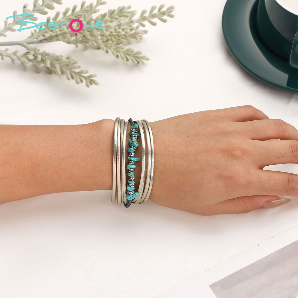 Женский многослойный браслет с бирюзой, кожаный браслет с натуральным камнем, магнитная застёжка, оптом