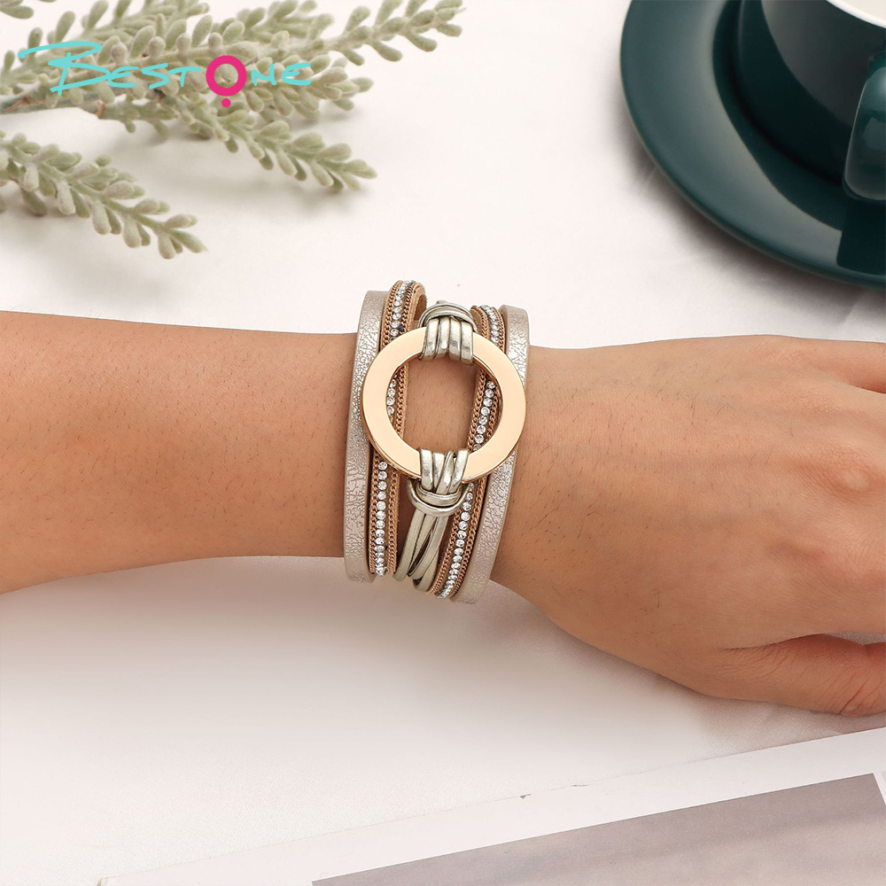 Женский многослойный кожаный браслет с кольцом и стразами, стиль boho, модное украшение оптом