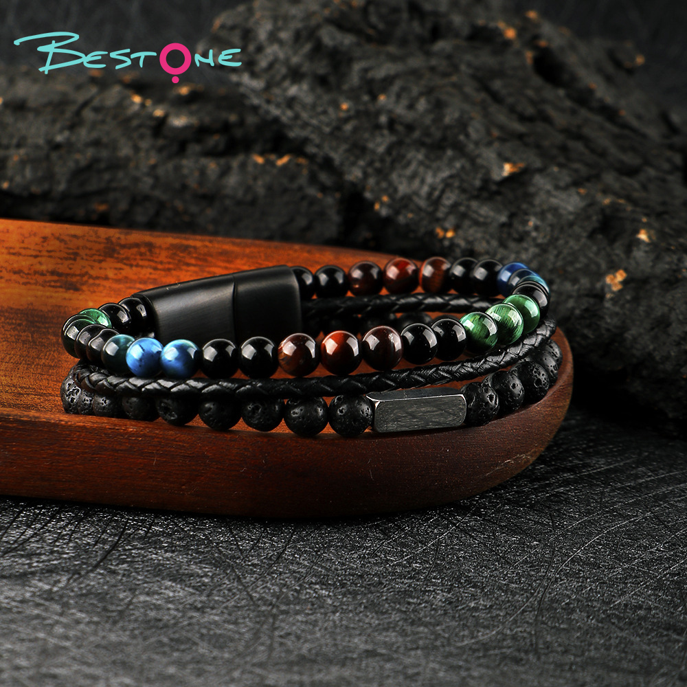 Мужской браслет с тигровым глазом и вулканическим камнем, кожаный плетёный браслет с магнитной застёжкой, оптом