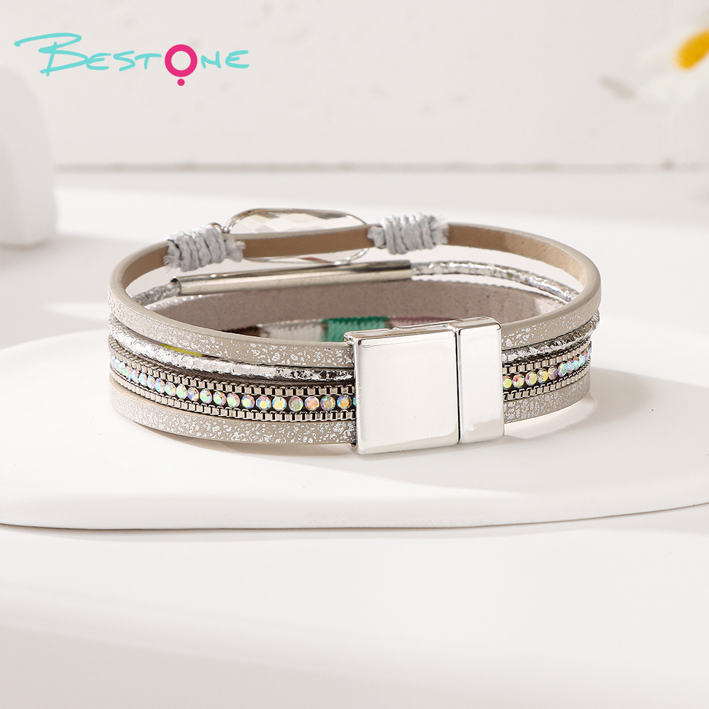 Женский многослойный кожаный браслет в стиле boho с плетением и стразами, магнитная застёжка, оптом