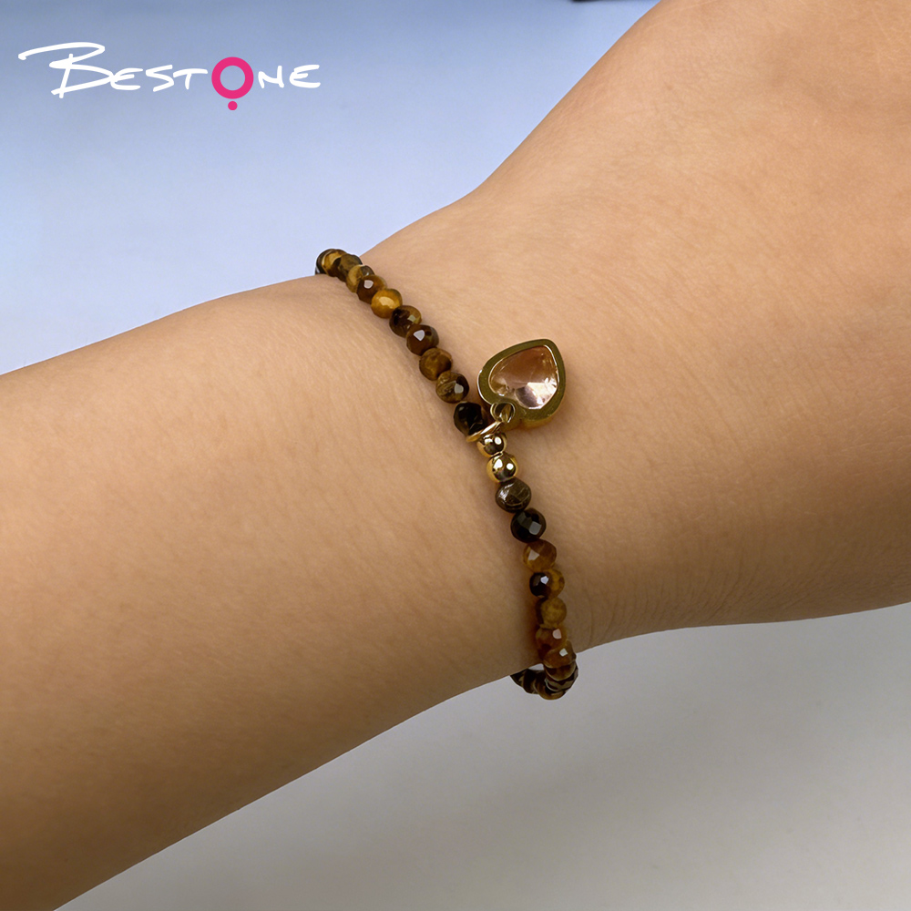 Женский регулируемый браслет с натуральными камнями и сердцем из циркония, тонкий плетёный браслет