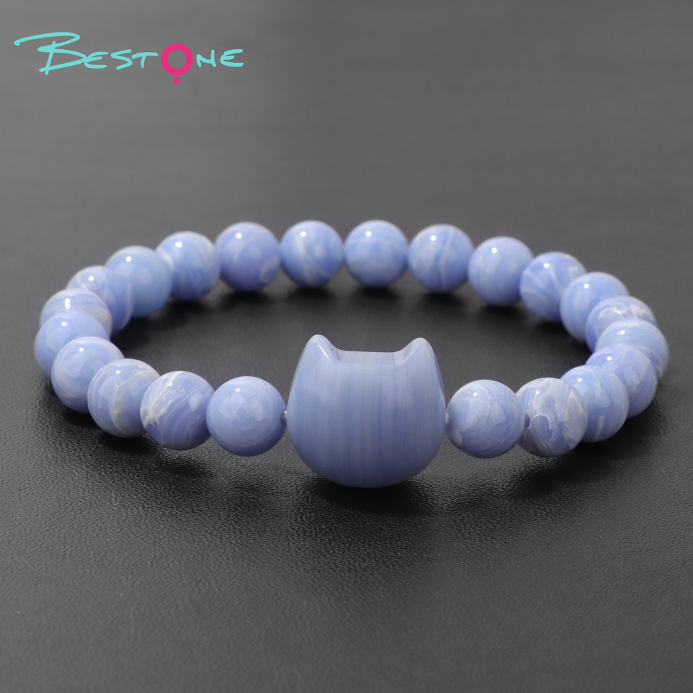 Браслет с бусиной «Кошачья голова» 10×16 мм из натуральных камней, бусины 8 мм, на эластичной нити