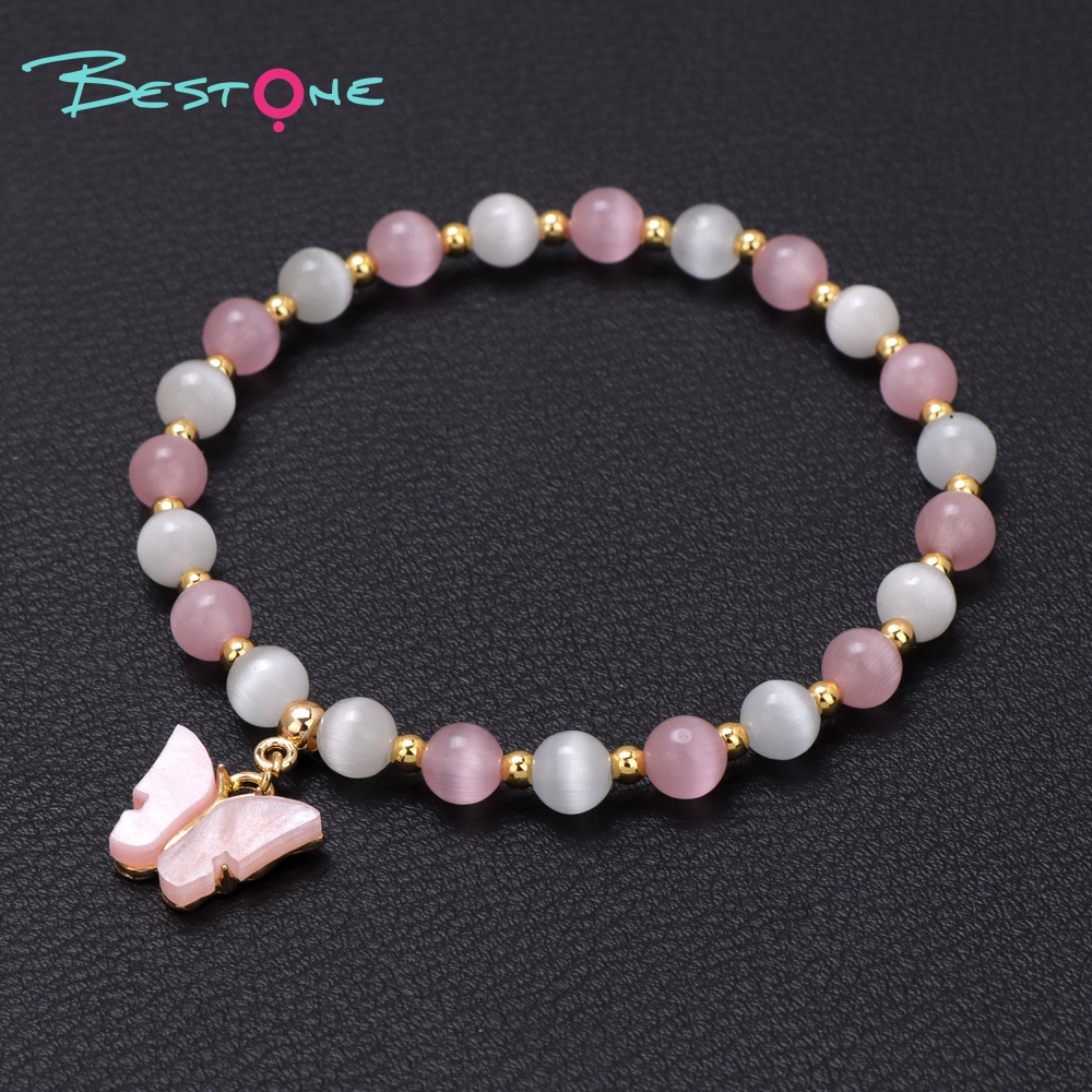 Браслет с подвеской «Бабочка» из кошачьего глаза 6 мм, с золотистыми бусинами, на эластичной нити