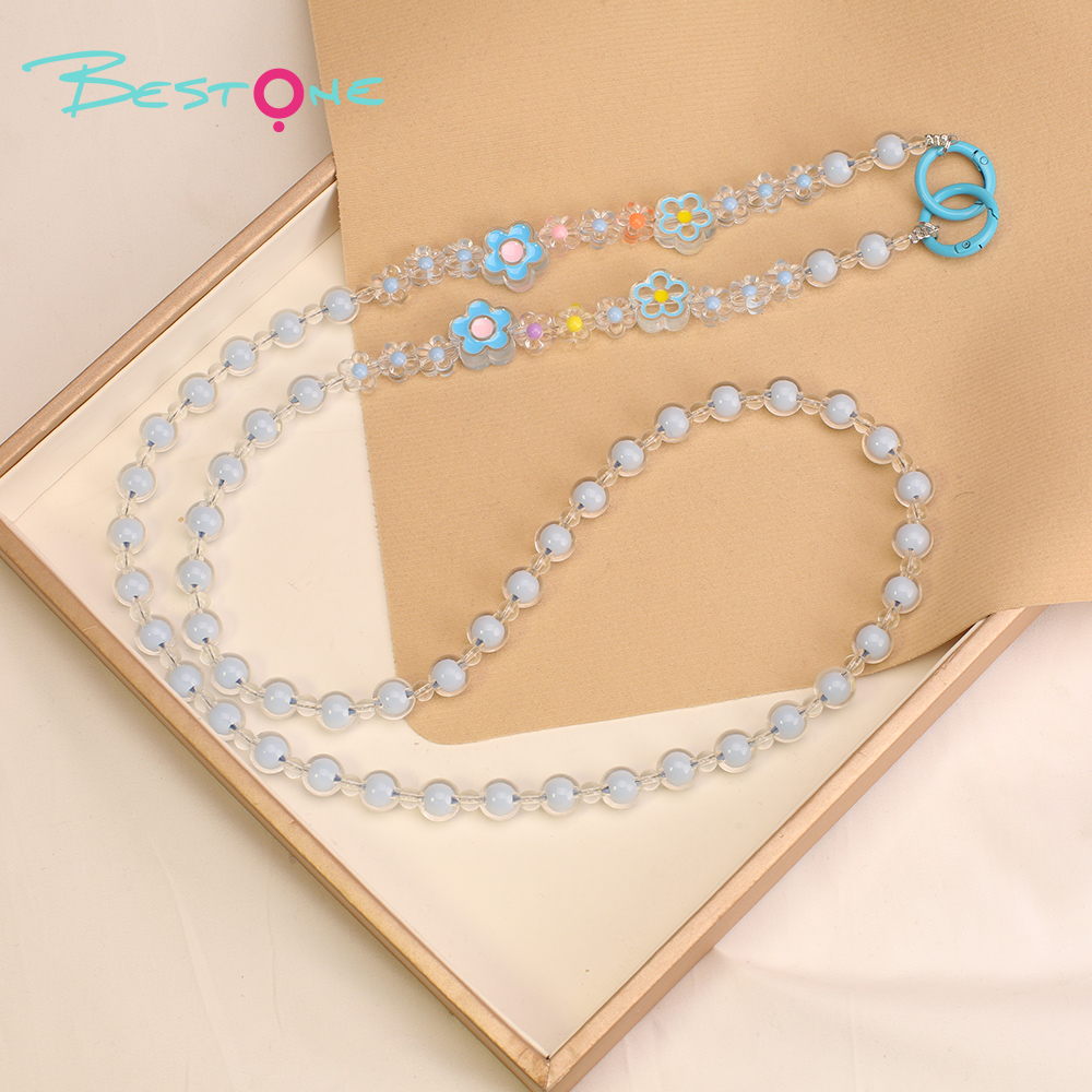 Персональный телефонный ремешок через плечо с двухслойными бусинами и эмалированным цветком – 120 см