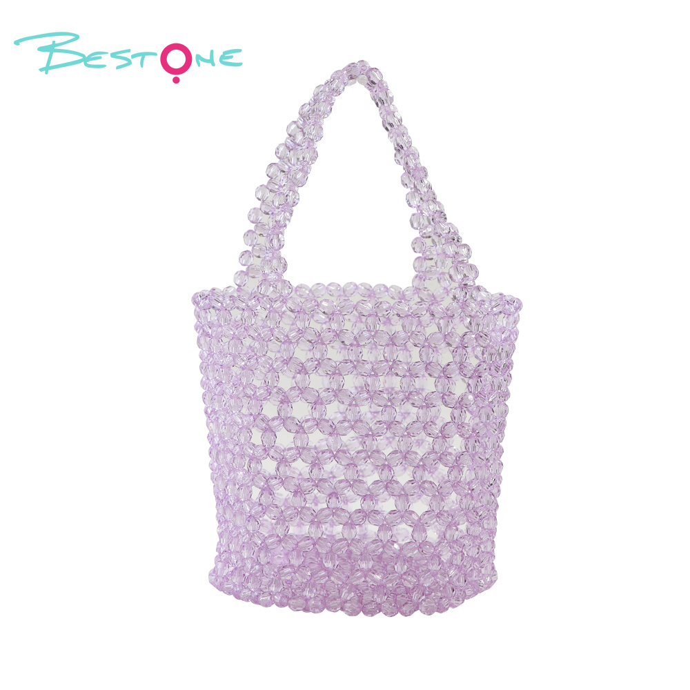 Сумка-ведро с акриловыми бусинами – зелёная / фиолетовая, фасон с гранёными бусинами