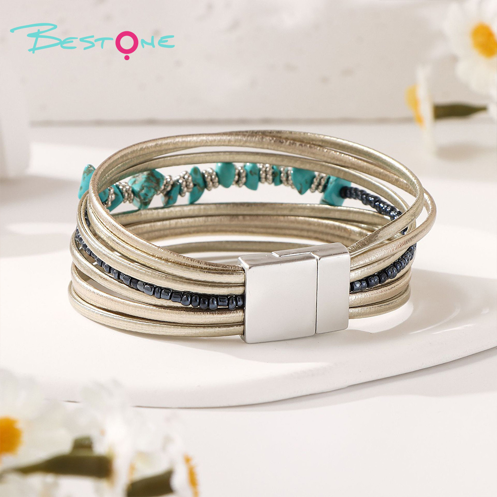 Женский многослойный браслет с бирюзой, кожаный браслет с натуральным камнем, магнитная застёжка, оптом