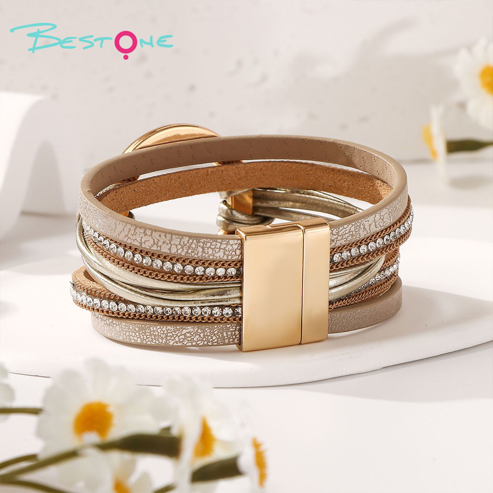 Женский многослойный кожаный браслет с кольцом и стразами, стиль boho, модное украшение оптом