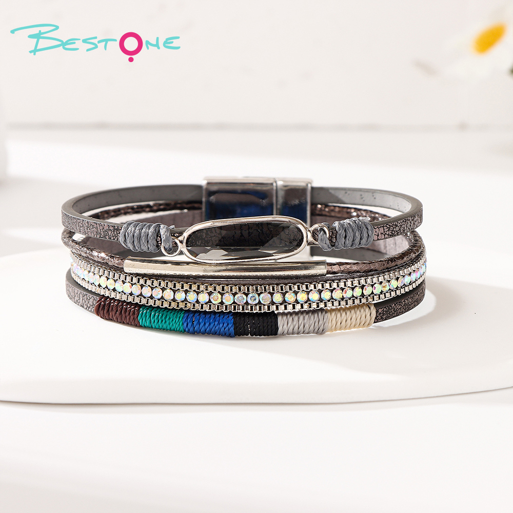 Женский многослойный кожаный браслет в стиле boho с плетением и стразами, магнитная застёжка, оптом
