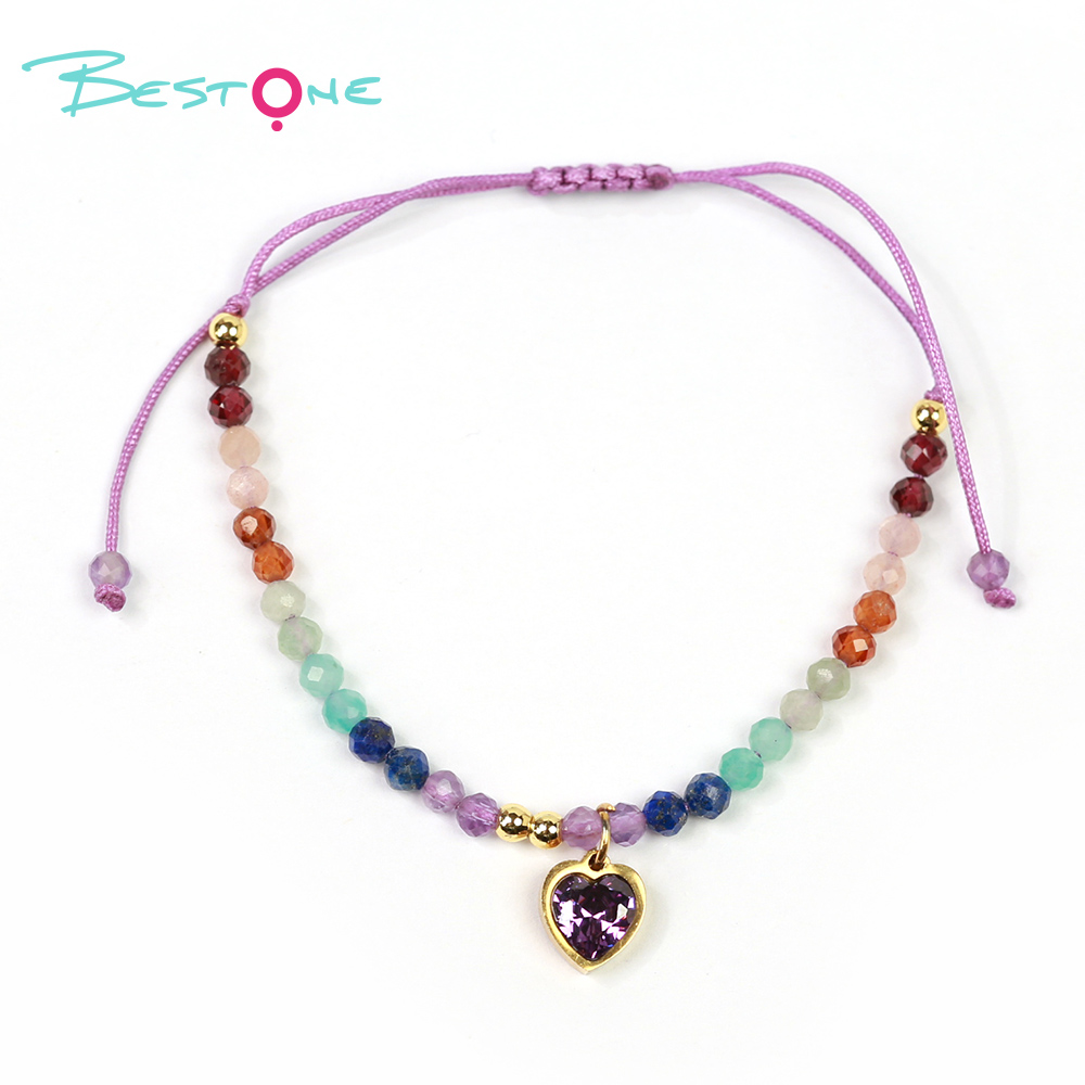 Женский регулируемый браслет с натуральными камнями и сердцем из циркония, тонкий плетёный браслет