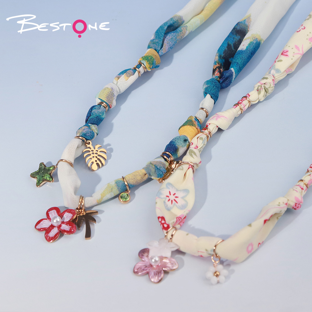 Шарф-ожерелье Морская серия 50 см – украшение с цветочным шарфом и подвеской “жемчужный цветок”, бантик/звезда