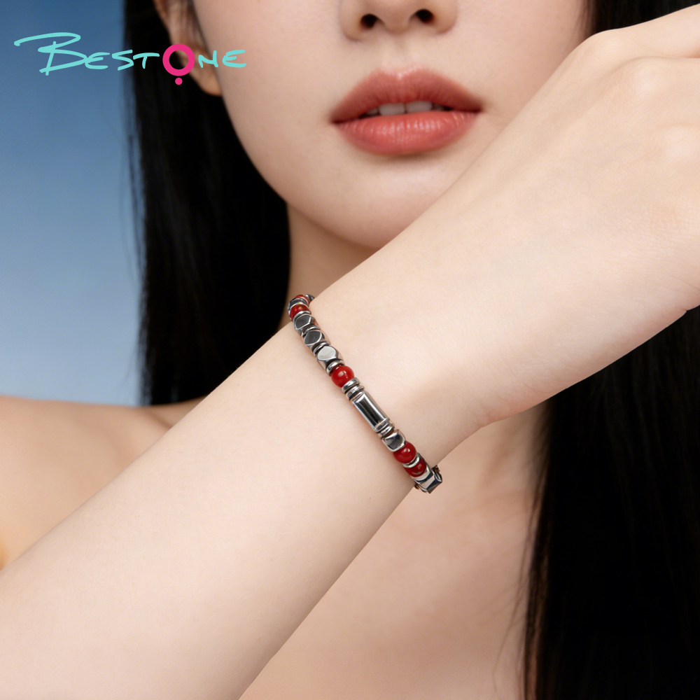 Браслет из натуральных камней 4 мм с серебристой гематитовой фурнитурой, регулируемая длина