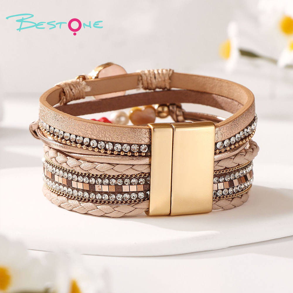 Женский многослойный браслет с сердцем и стразами, кожаный плетёный браслет, модное украшение оптом