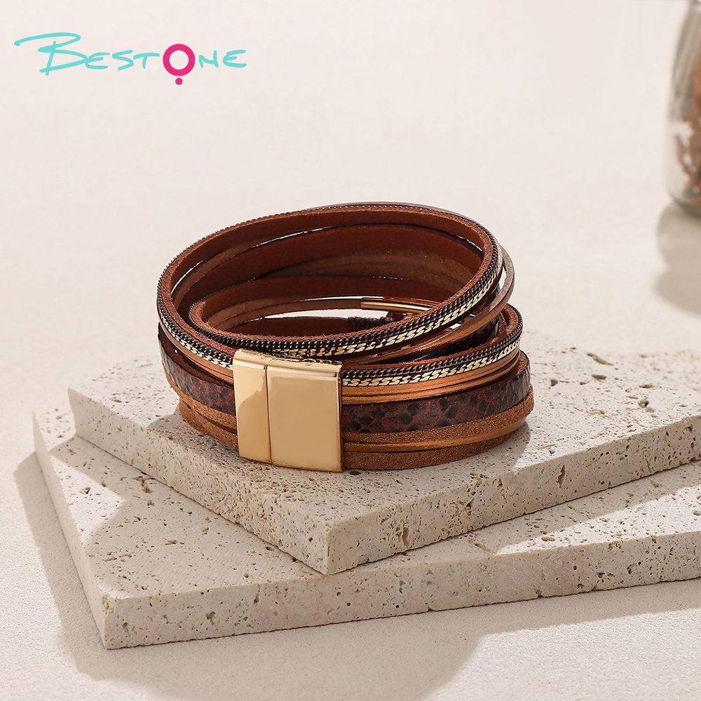 Женский многослойный кожаный браслет под змеиную кожу с магнитной застёжкой, винтажный стиль, оптом