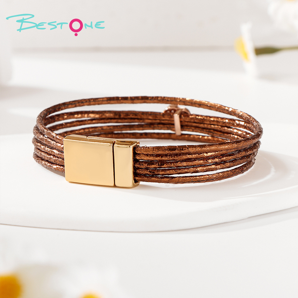 Женский многослойный кожаный браслет с листом и стразами, магнитная застёжка, модное украшение оптом