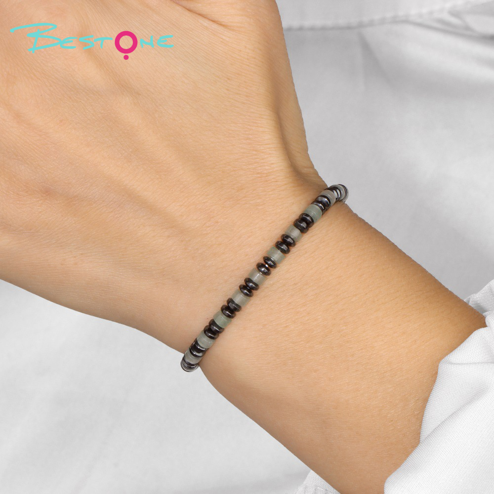 Браслет из плоских бусин с разделителями 2×4 мм и чёрного обсидиана, на эластичной нити