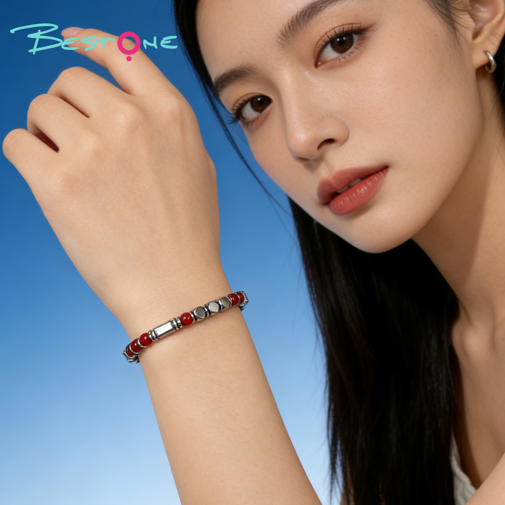 Браслет из натуральных камней 4 мм с серебристой гематитовой фурнитурой, регулируемая длина