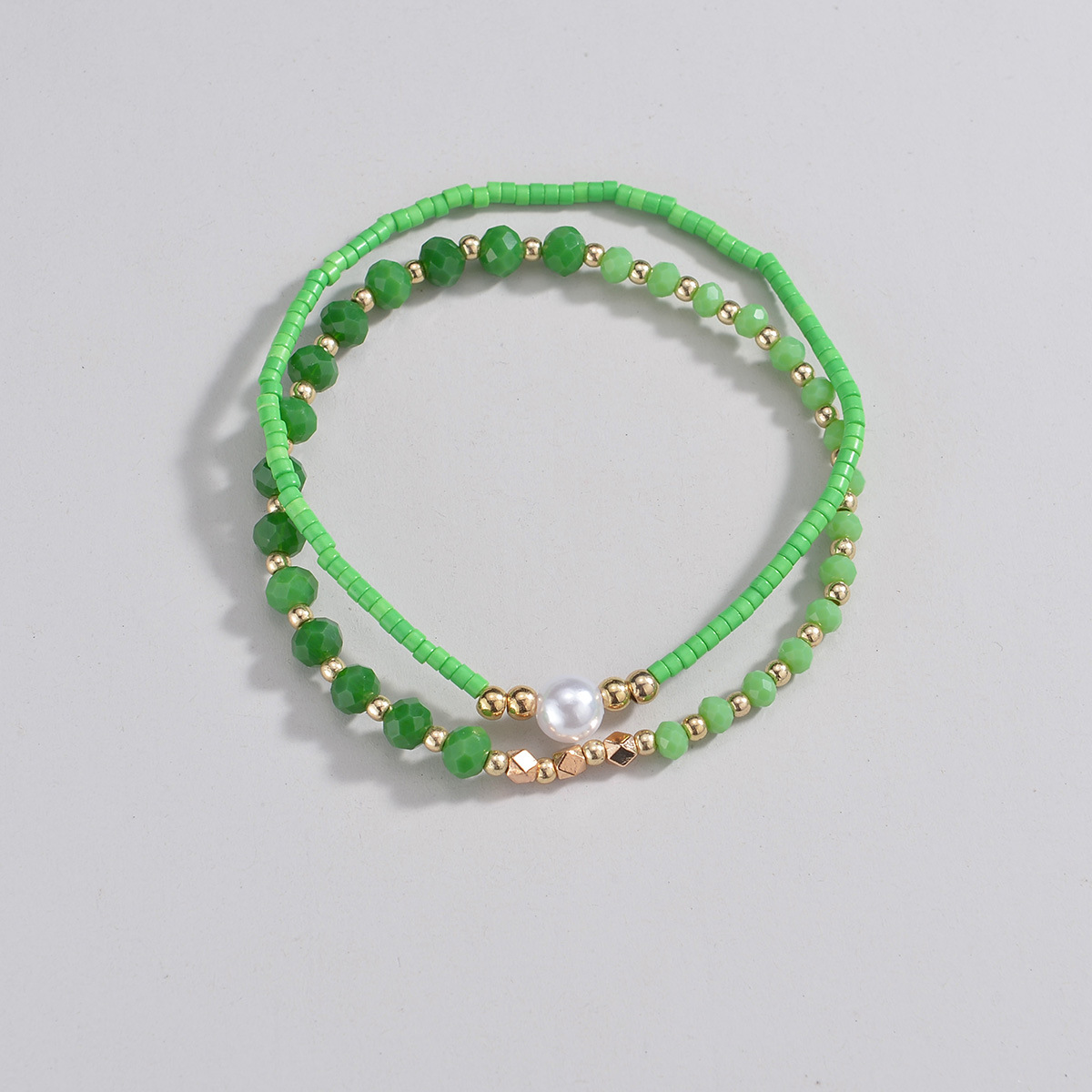 Зеленый набор браслетов на ногу, двойная бусинная анклет-цепочка с жемчугом и золотыми бусинами