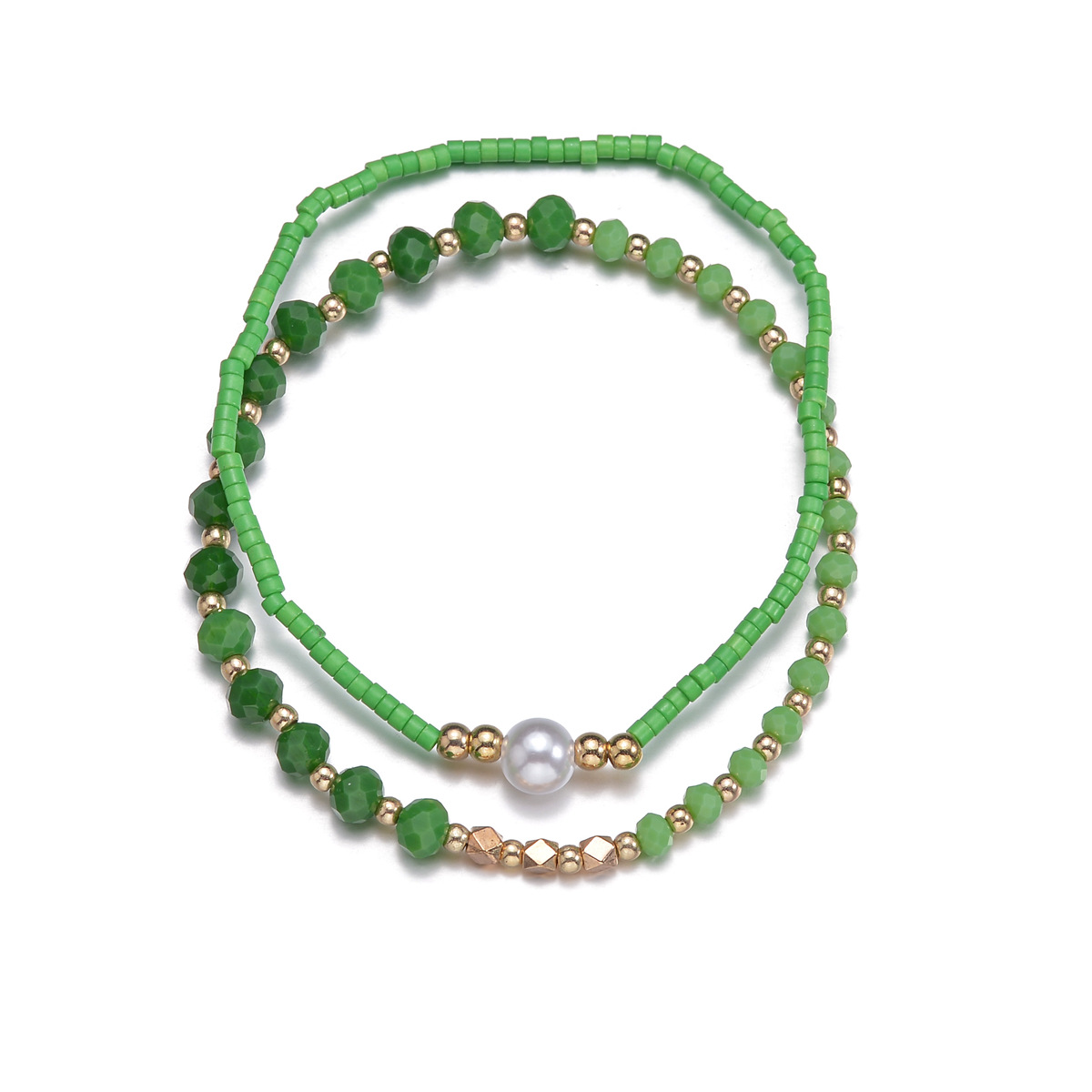 Зеленый набор браслетов на ногу, двойная бусинная анклет-цепочка с жемчугом и золотыми бусинами