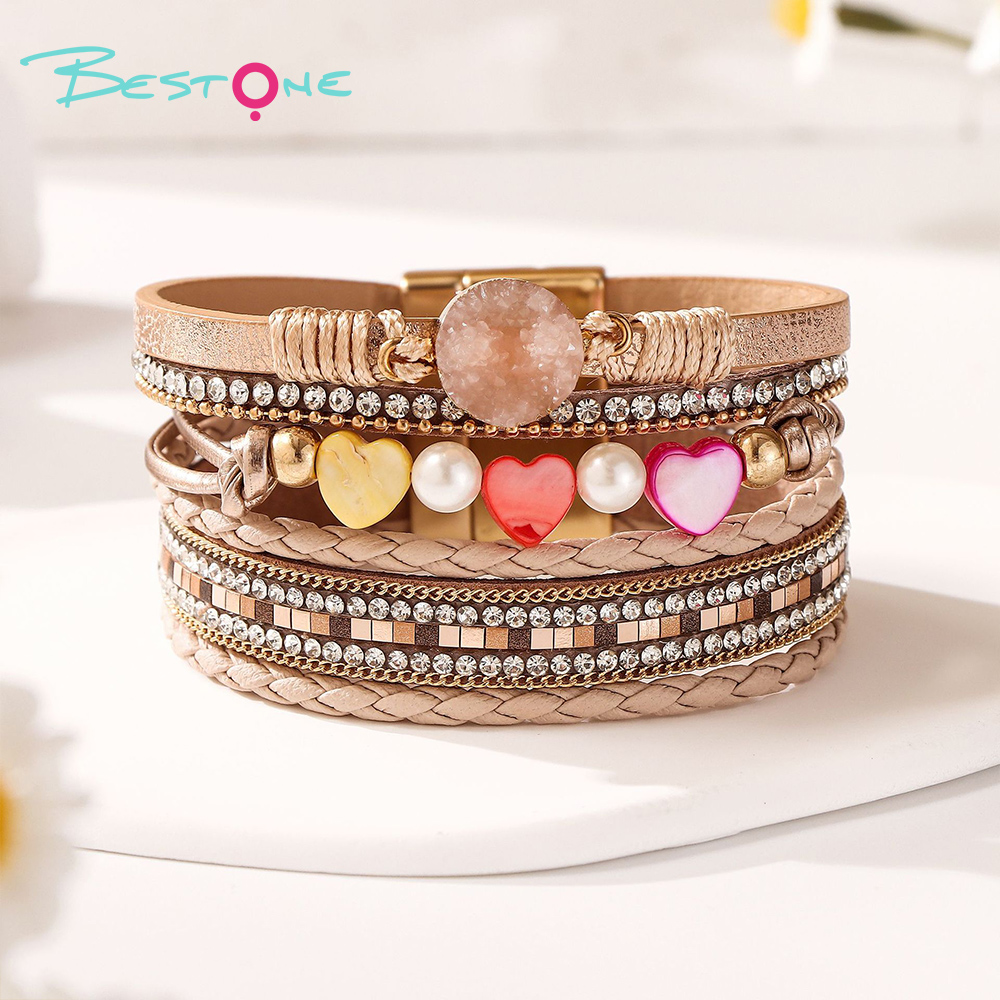 Женский многослойный браслет с сердцем и стразами, кожаный плетёный браслет, модное украшение оптом