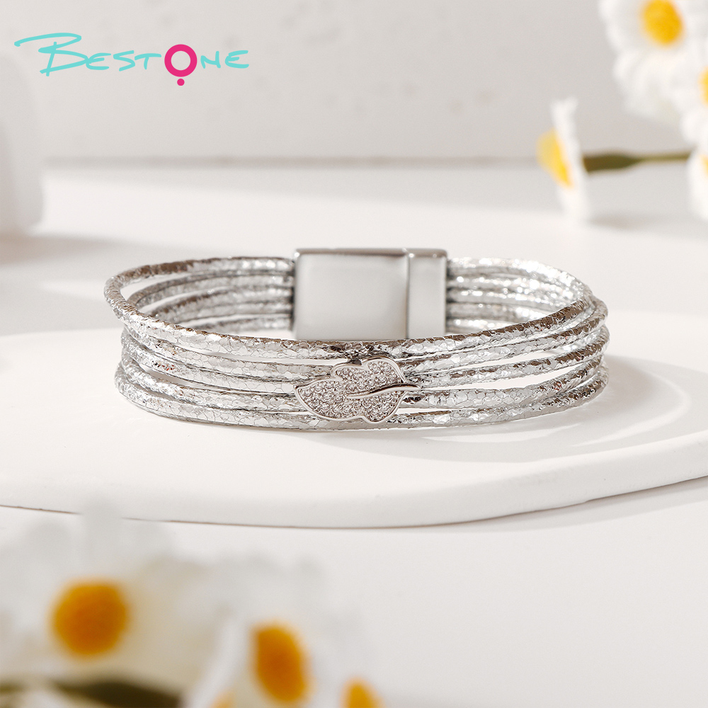 Женский многослойный кожаный браслет с листом и стразами, магнитная застёжка, модное украшение оптом