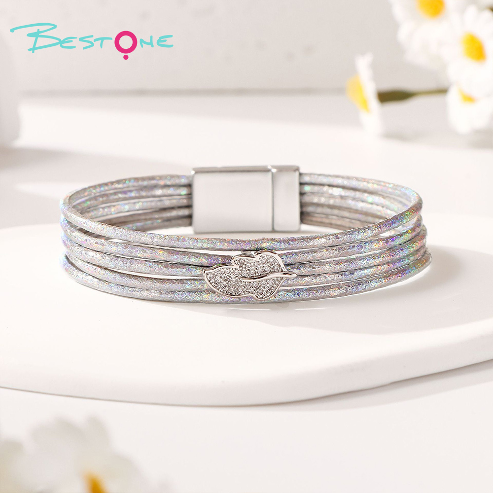 Женский многослойный кожаный браслет с листом и стразами, магнитная застёжка, модное украшение оптом