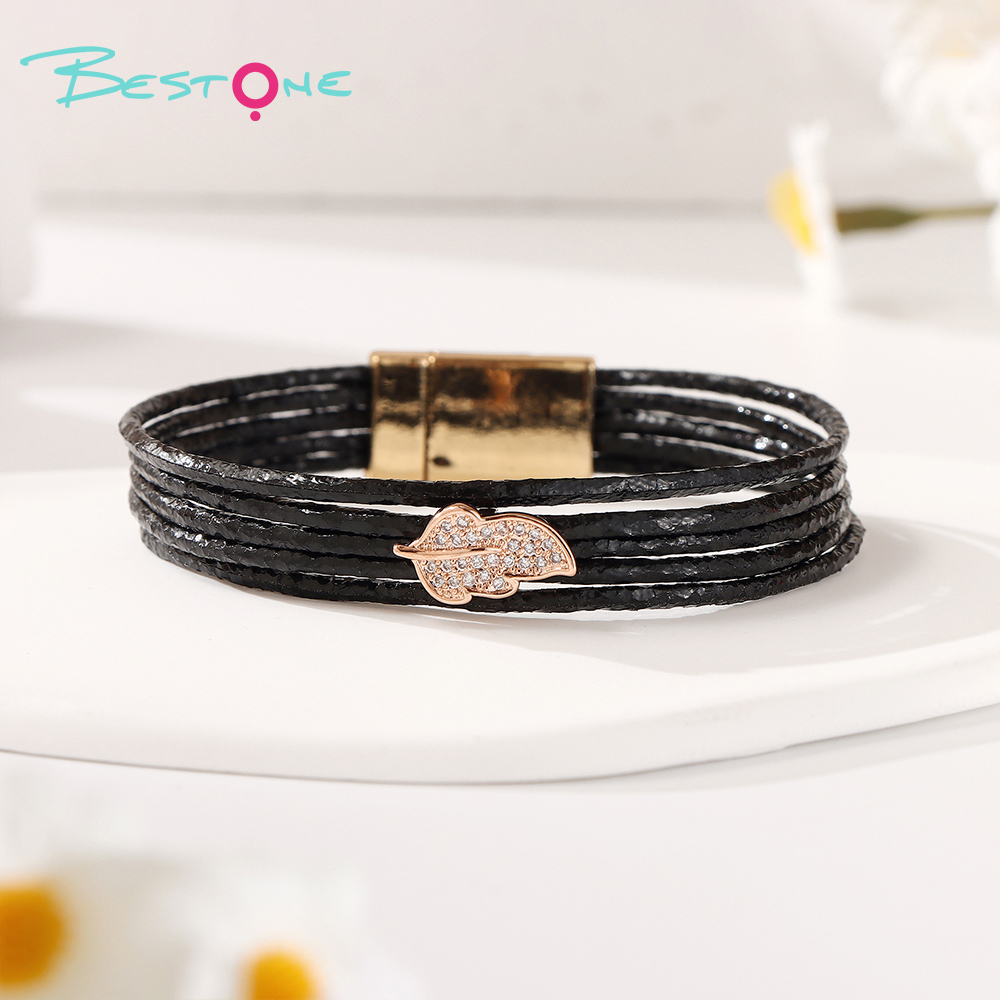 Женский многослойный кожаный браслет с листом и стразами, магнитная застёжка, модное украшение оптом