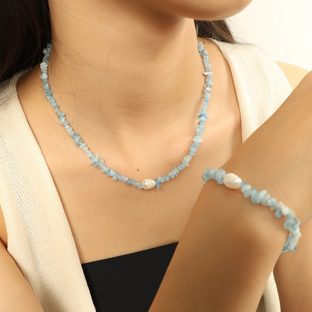 ожерелье и браслет из натуральных камней с пресноводным жемчугом – нержавеющая сталь, ожерелье 41+5 см, браслет 17+5 см