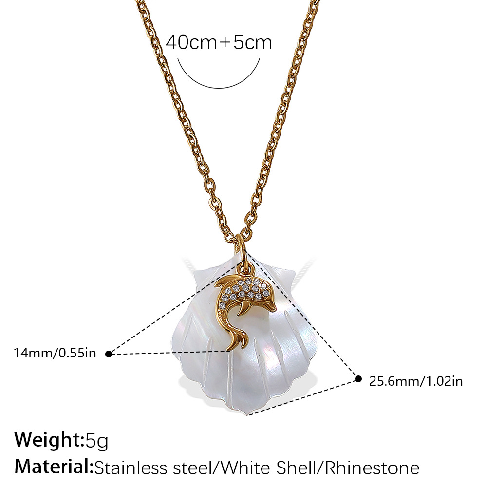 Ожерелье с белой раковиной для женщин, золотистая цепочка из нержавеющей стали 40+5 см, морское украшение со стразами