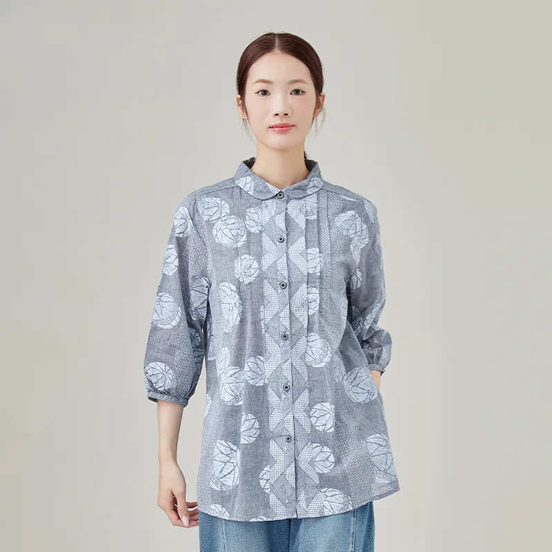 Женская льняная и хлопковая рубашка, ткань с набивным рисунком, окрашенная в пряже
