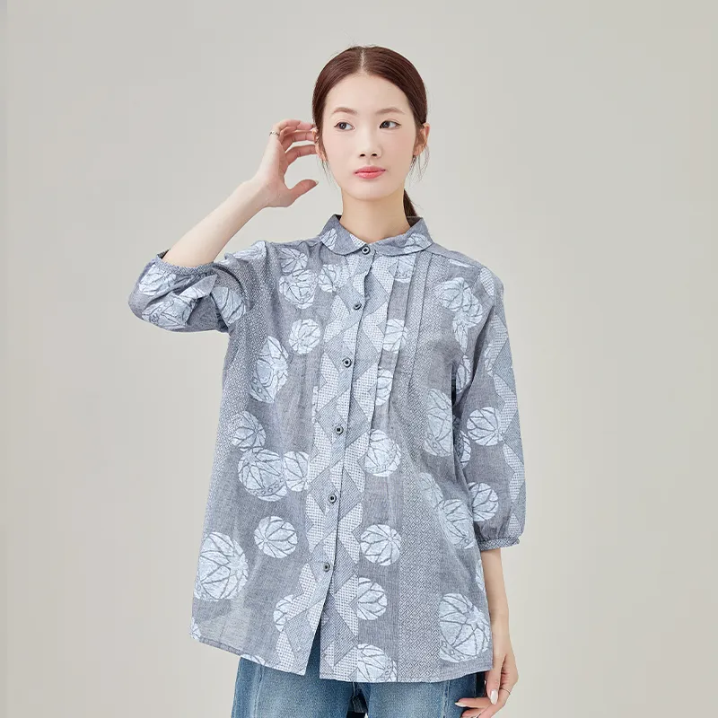 Женская льняная и хлопковая рубашка, ткань с набивным рисунком, окрашенная в пряже