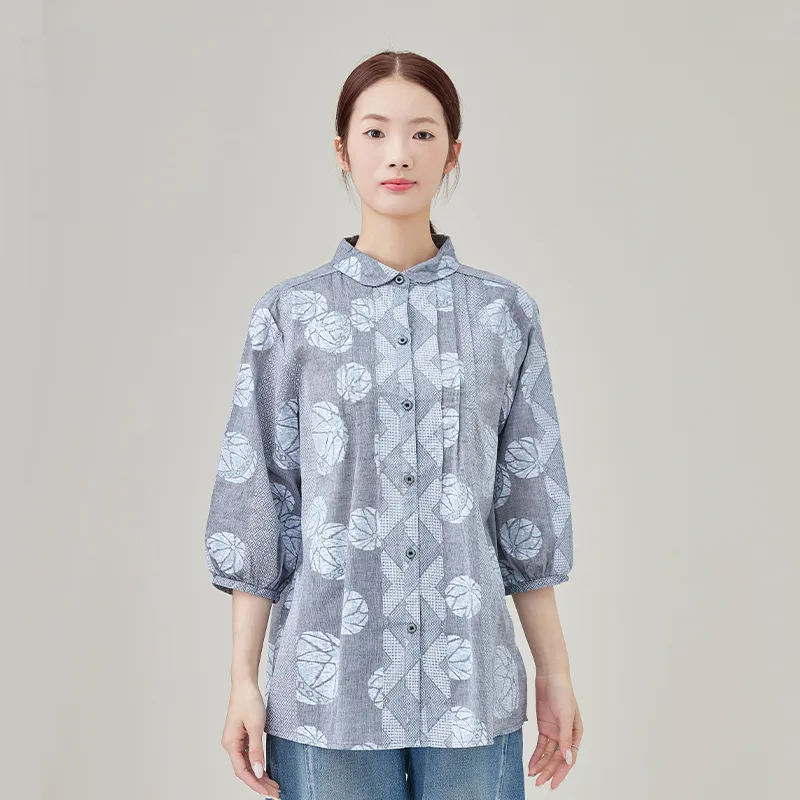 Женская льняная и хлопковая рубашка, ткань с набивным рисунком, окрашенная в пряже