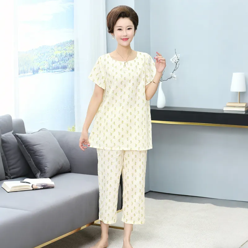 Женская пижама из смеси полиэстера и хлопка, ткань сирсакер с принтом