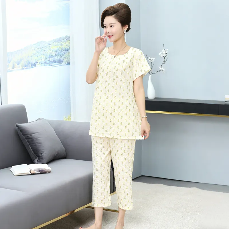 Женская пижама из смеси полиэстера и хлопка, ткань сирсакер с принтом