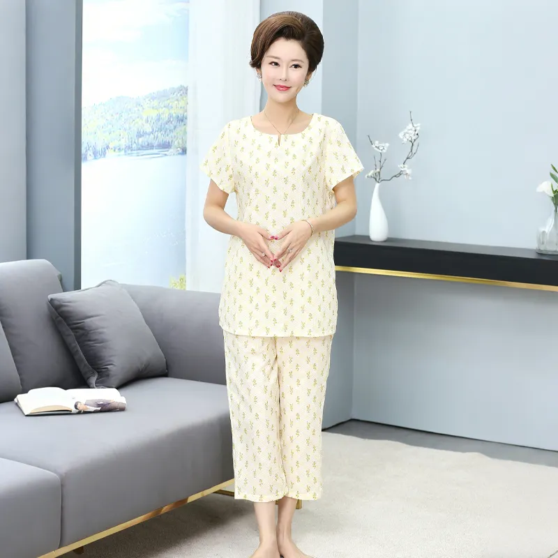 Женская пижама из смеси полиэстера и хлопка, ткань сирсакер с принтом