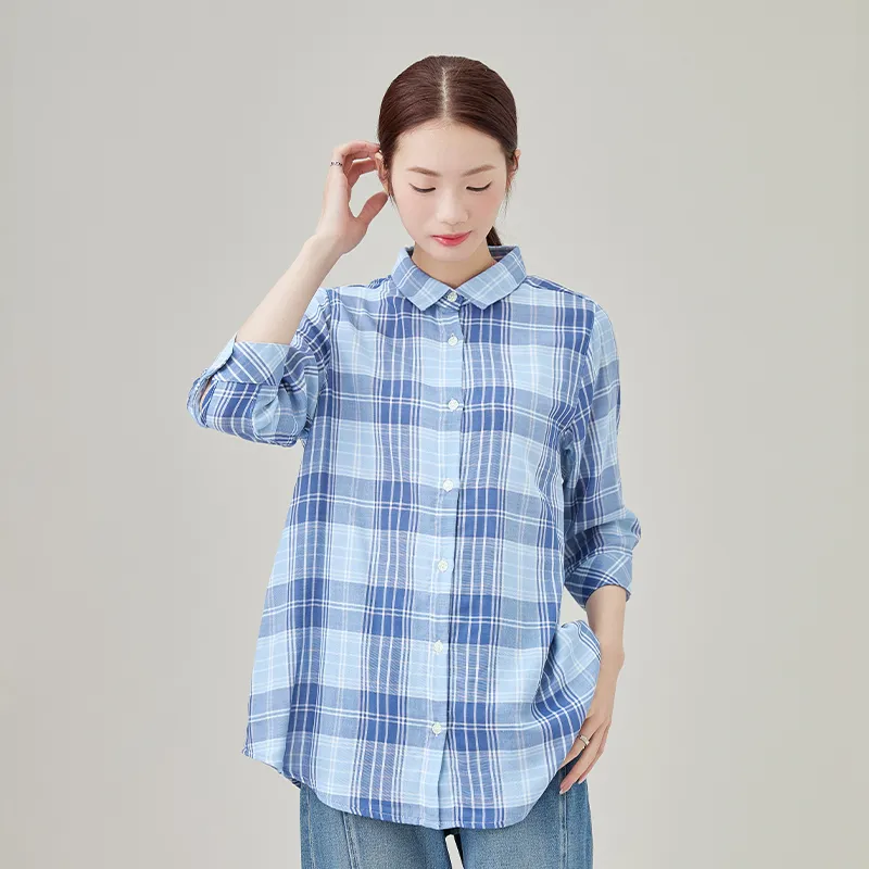 Женская рубашка из 100% хлопка, двухслойная марлевая ткань, окрашенная в пряже