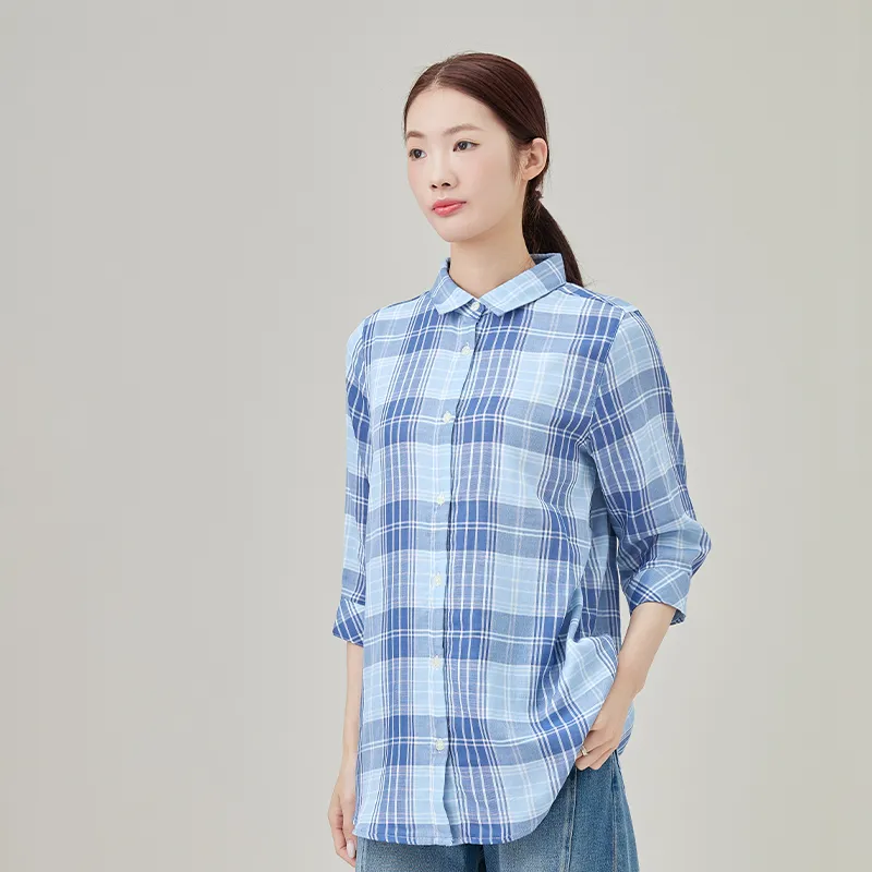 Женская рубашка из 100% хлопка, двухслойная марлевая ткань, окрашенная в пряже