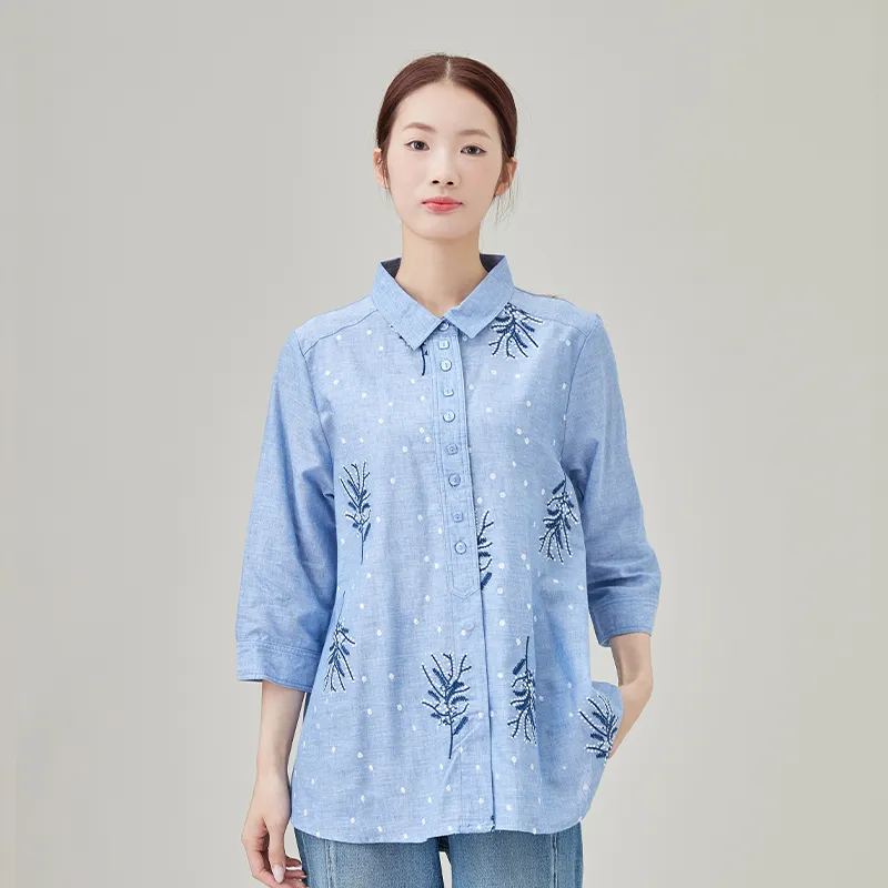 Женская рубашка из 100% хлопка, окрашенная в пряже, с вышивкой