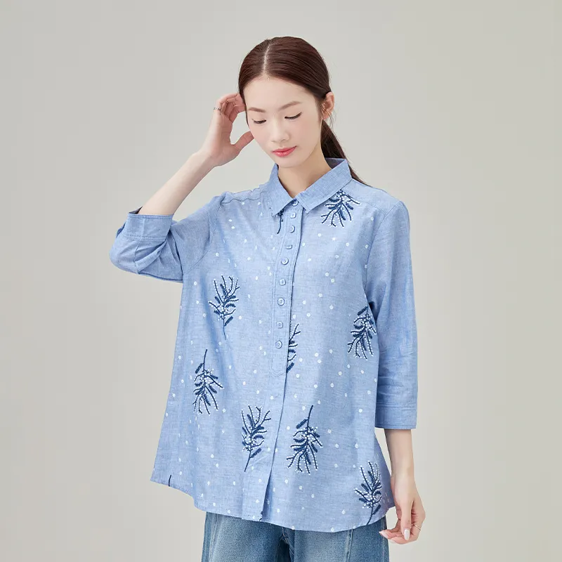 Женская рубашка из 100% хлопка, окрашенная в пряже, с вышивкой