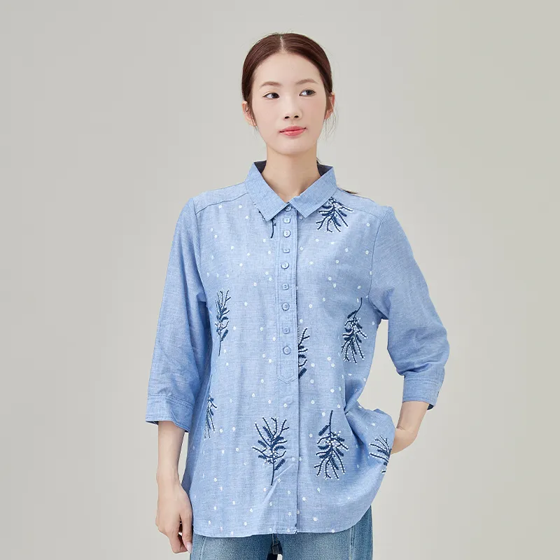 Женская рубашка из 100% хлопка, окрашенная в пряже, с вышивкой