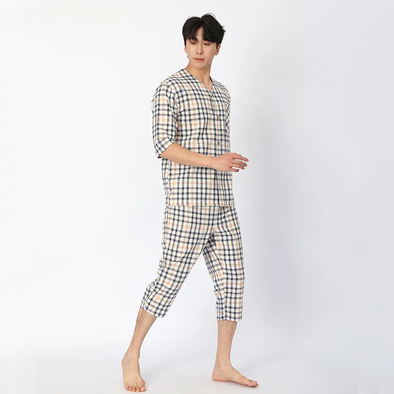 Пижама из 100% хлопка, с пятью рукавами и длиной семь четвертей, изготовлена ​​из 100% хлопковой ткани сирсакер, окрашенной в пряже