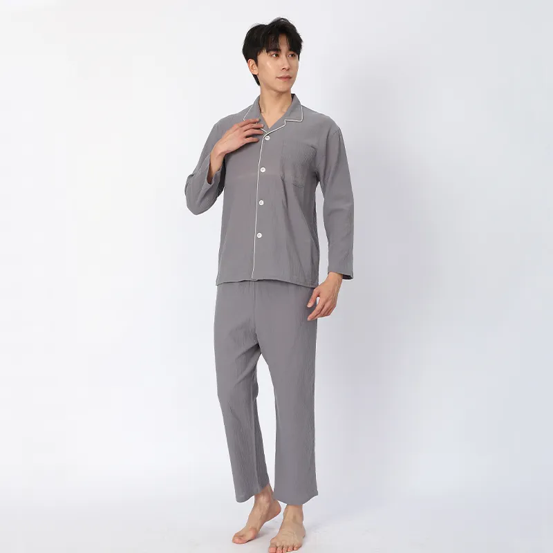 Пижама с длинными рукавами, 100% хлопок, из окрашенной хлопковой креповой ткани