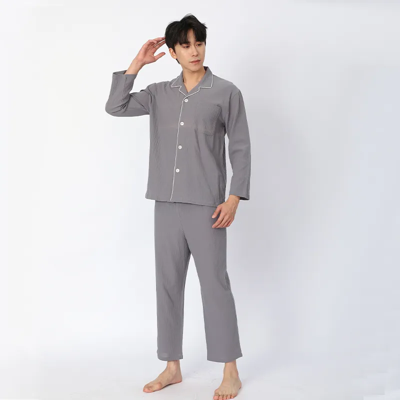 Пижама с длинными рукавами, 100% хлопок, из окрашенной хлопковой креповой ткани