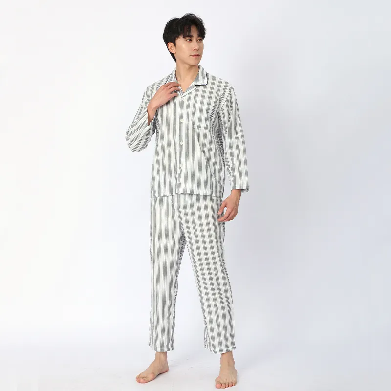 Пижама с длинными рукавами из 100% хлопка, изготовлена из двухслойной марлевой ткани, окрашенной в пряже