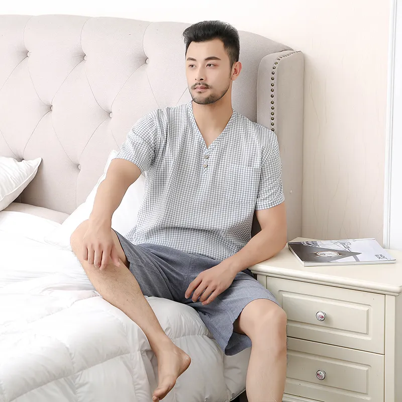 Пижама с короткими рукавами и шортами из 100% хлопка, креповая ткань, окрашенная в пряже