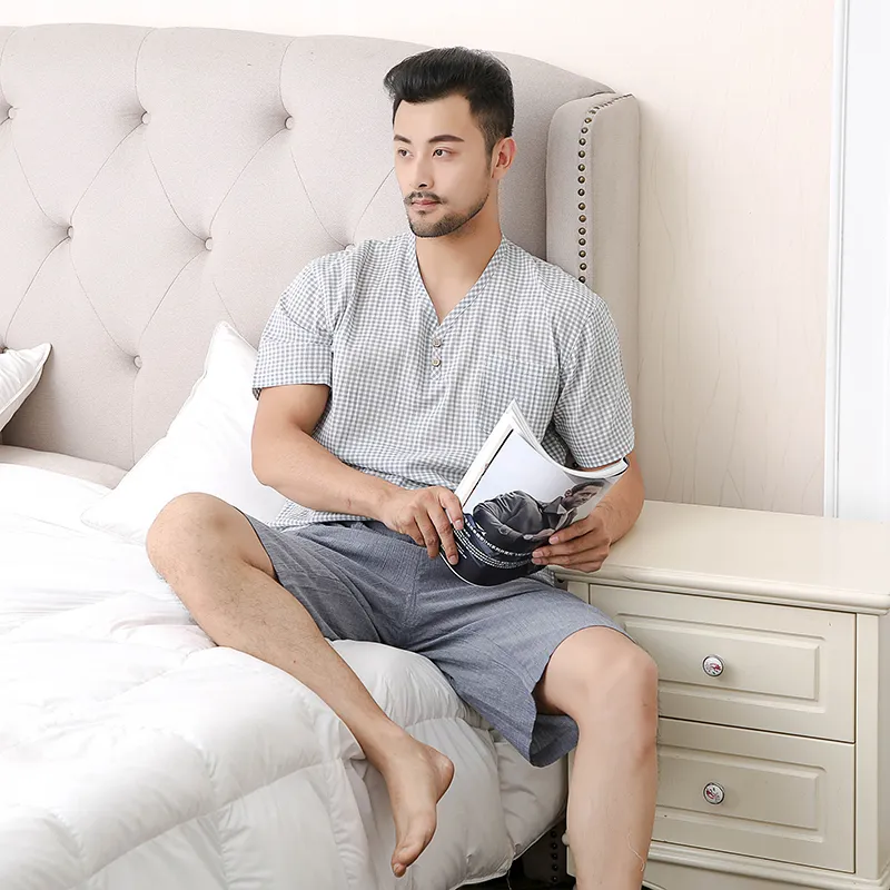 Пижама с короткими рукавами и шортами из 100% хлопка, креповая ткань, окрашенная в пряже