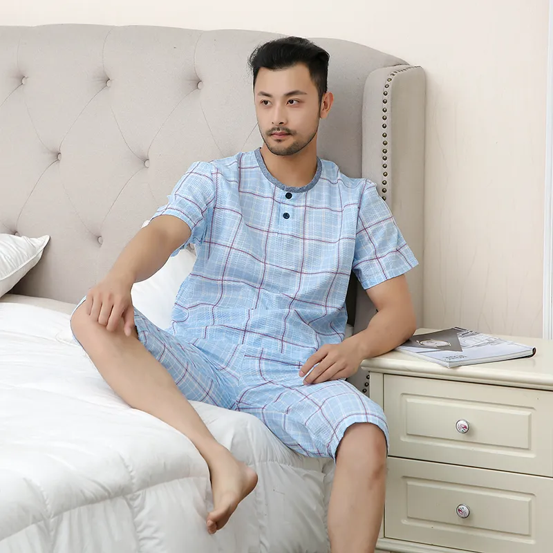 Пижама с короткими рукавами из полиэстер-хлопка, изготовлена ​​из ткани сирсакер из полиэстера и хлопка